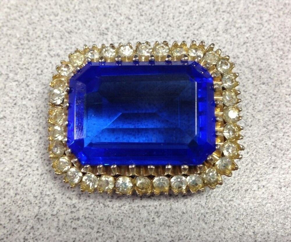 Vintage Royal Blue Stone Rhinestone Brooch Large Rectangular Costume Jewelry
